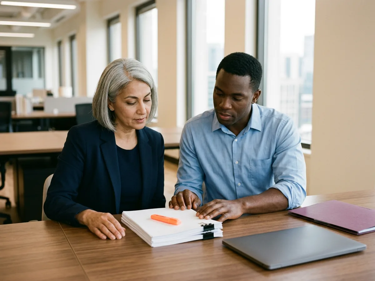VP of IT in a navy blazer and a controller in a light blue shirt look down at a thick stack of blank printed sheets with an orange highlighter on top, at a walnut table in a bright open-plan finance office