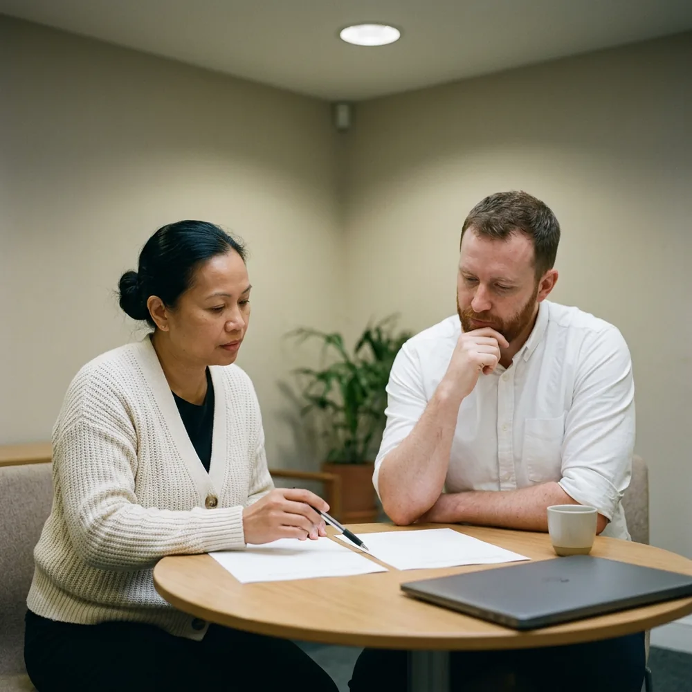 Procurement lead in a cream cardigan rests a pen between two blank printed pages while a recruiter in a white shirt rests his chin on his hand at a small round table