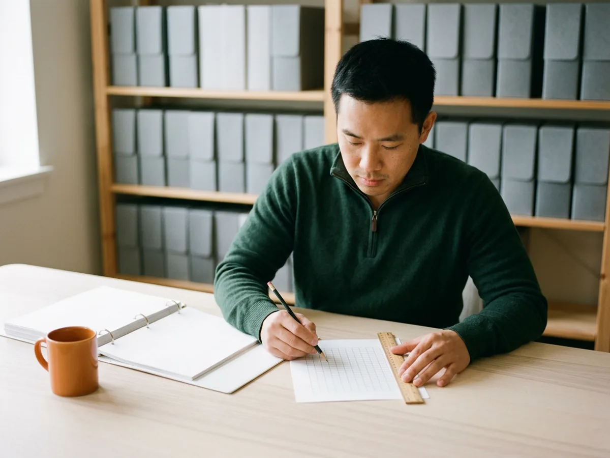 Staffing operations analyst at a pale desk laying a wooden ruler across a printed grid sheet and checking a row with a pencil, an open binder and an orange mug beside him