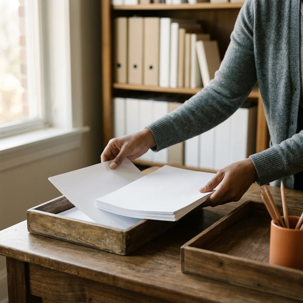 Hands laying a sheet of blank paper into a wooden desk tray while holding the rest of the stack, a second empty tray and a cup of pencils nearby