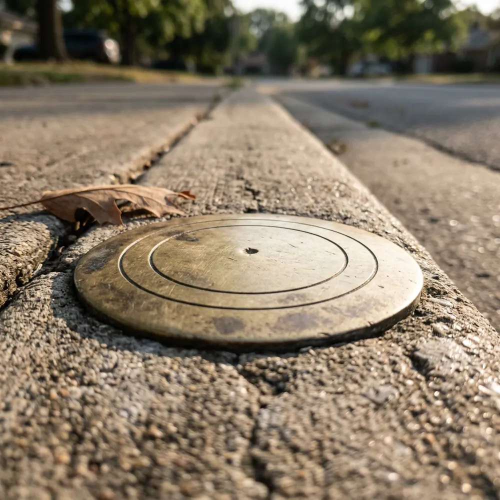 Worn brass survey benchmark disc with plain engraved rings set flush in a weathered concrete curb, a dry leaf resting beside it