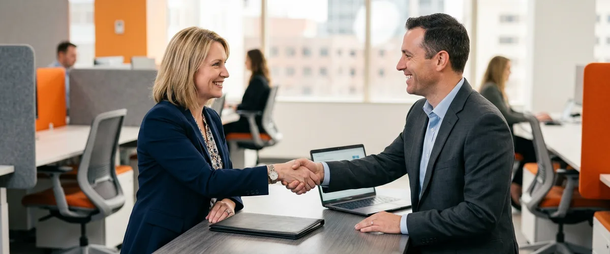 Hiring manager and procurement lead shaking hands across a desk in an open office after approving a contract requisition