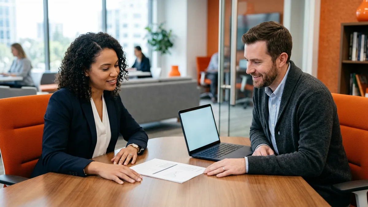 Hiring manager and procurement analyst reviewing a one-page contract requisition packet at a conference table with a laptop