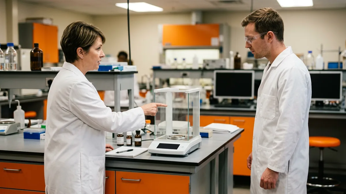 Lab supervisor pointing out an analytical balance to a newly placed contract scientist on his first day