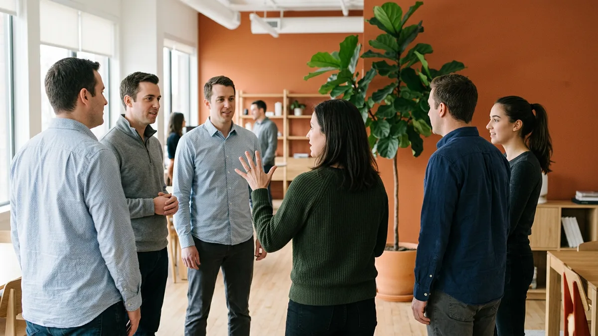 Six colleagues standing in a half circle in an open-plan office with an orange accent wall, one woman in a green sweater gesturing as she talks