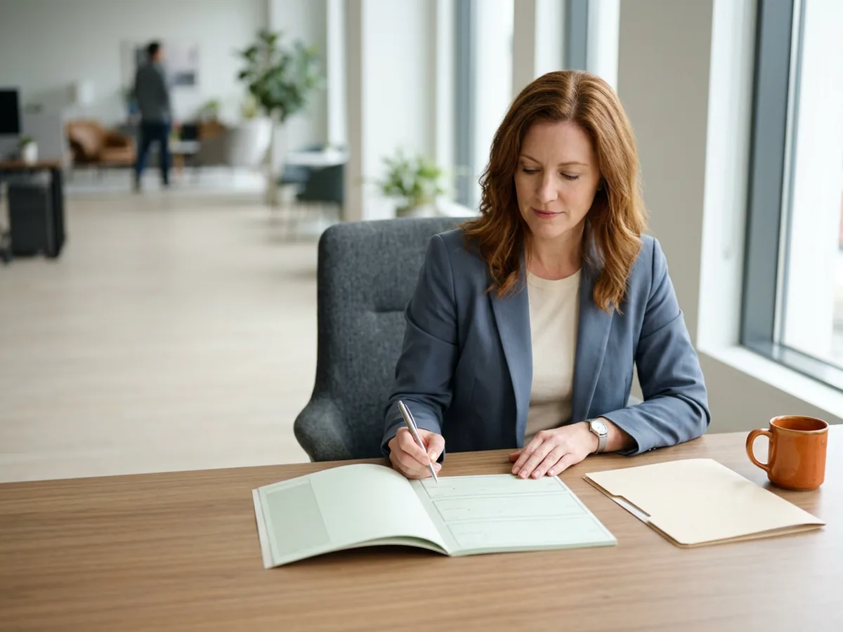 Hiring manager in a slate blue blazer writing in an open business checkbook with pale green pages at her office desk