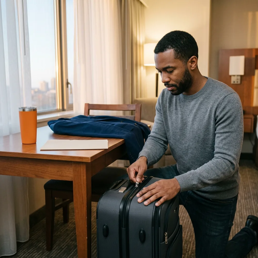 Contract software engineer zipping a carry-on suitcase beside a hotel room desk at dawn