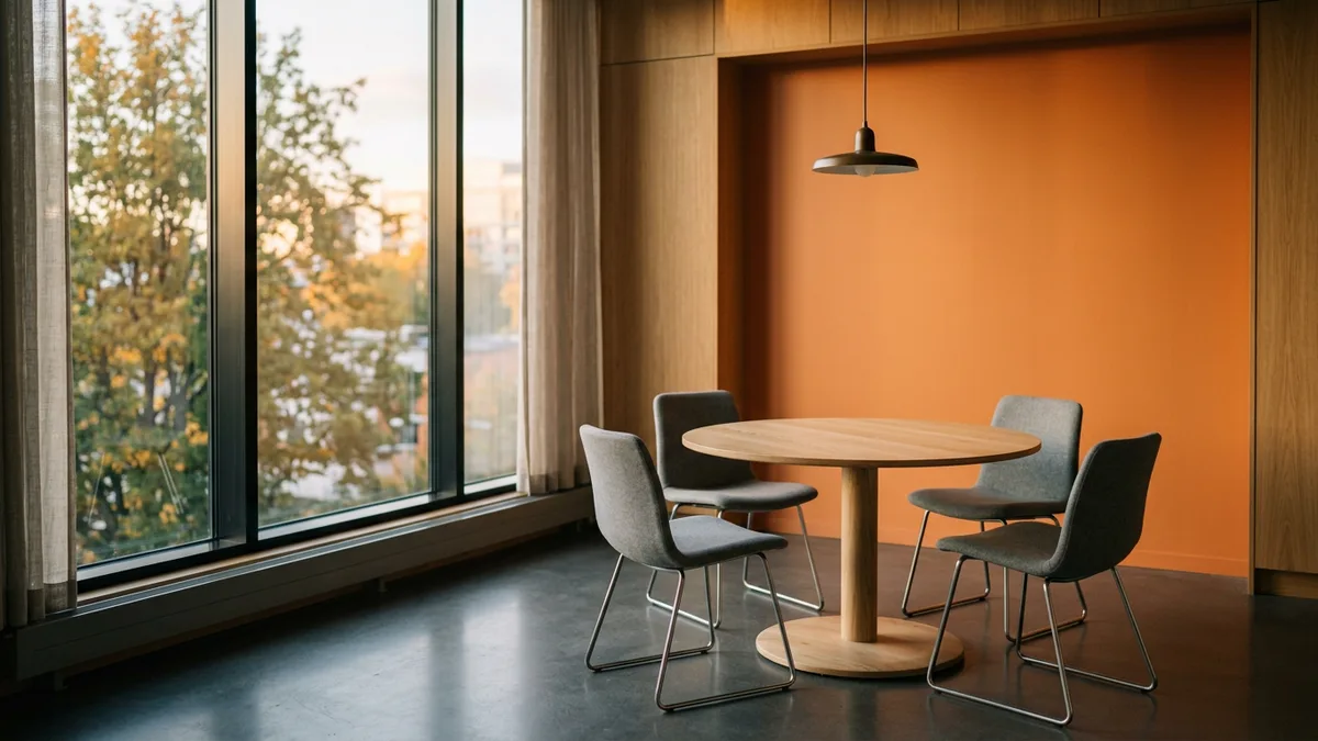 Empty conference room with a round oak table and four gray chairs, the place where a staffing quote comparison gets decided