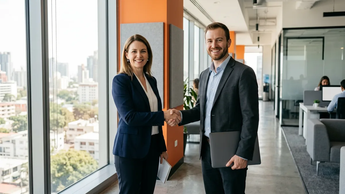 Hiring manager shaking hands with a contract software engineer holding a laptop at the end of a project in an office hallway