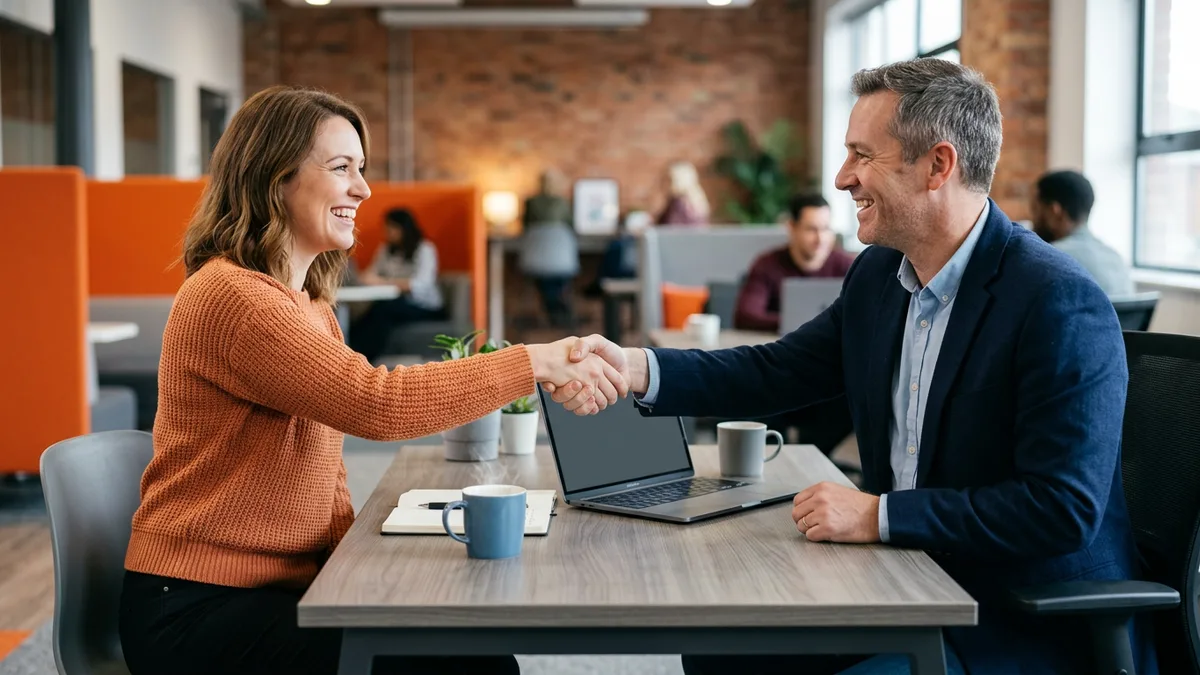 Hiring manager and software engineer shaking hands across a desk with an open laptop and two coffee mugs