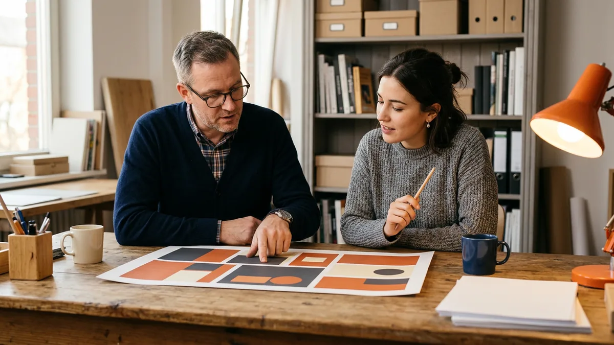Art director pointing at a printed color-block layout sheet while a contract designer holding a pencil leans in to listen at a wooden studio desk