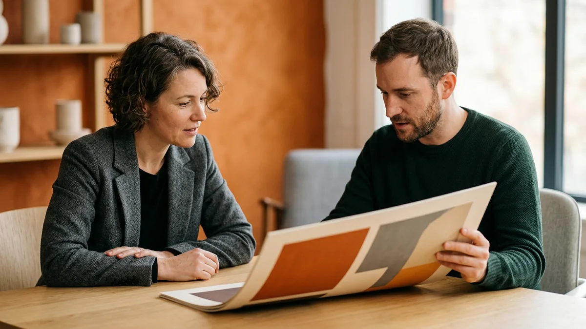 Creative director in a charcoal blazer and a contract graphic designer in a green sweater looking at a printed color-block portfolio board across a studio table
