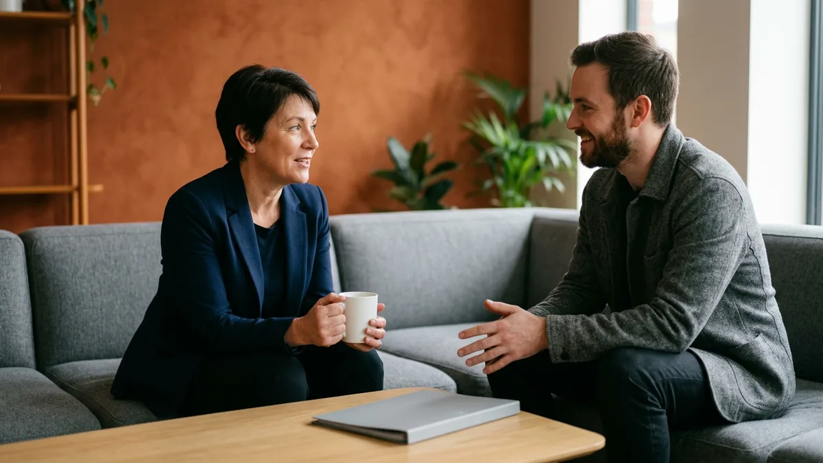 Marketing lead holding a coffee cup and a contract art director talking on a gray lounge sofa in front of an orange wall at a day 90 review