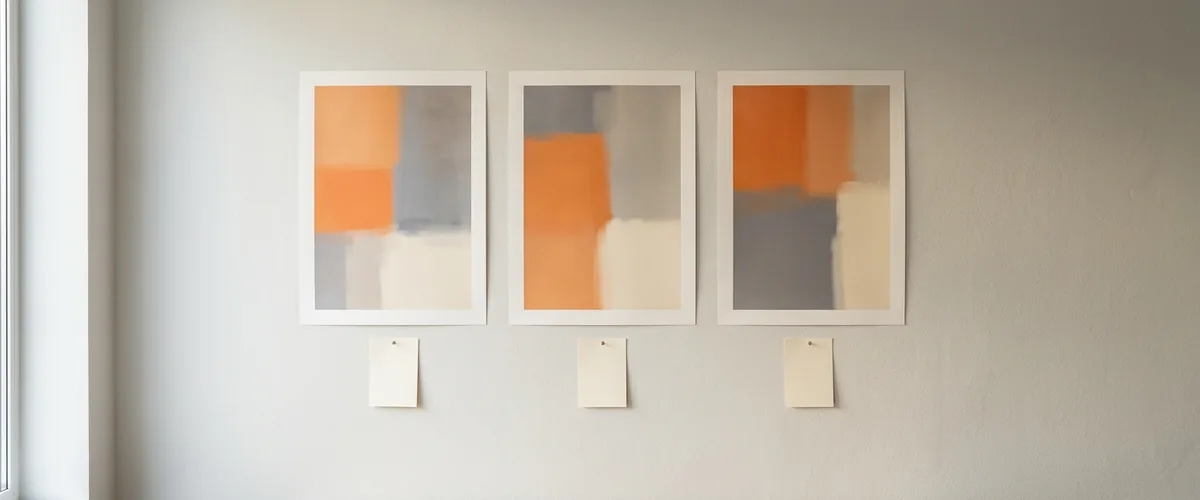 Three abstract color-block prints hung in a row on a gray studio wall, one for each checkpoint of a contract-to-hire creative trial