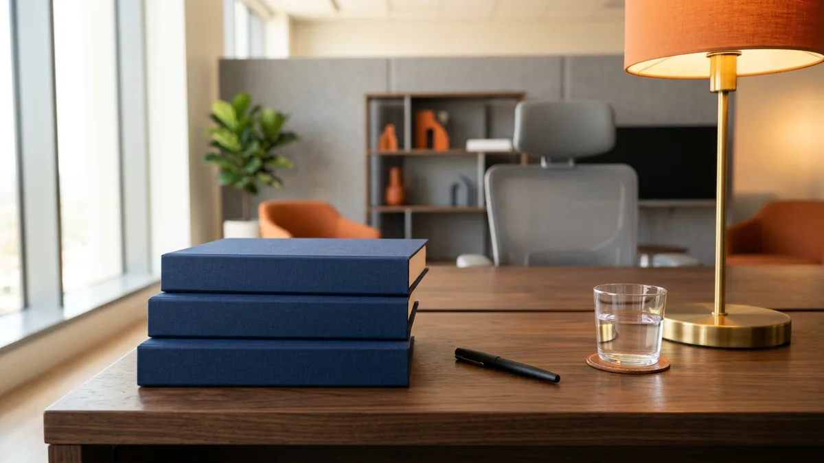 Three closed navy binders stacked on a walnut desk beside a black pen and a brass lamp, the documented handoff a contract-to-hire data engineer leaves behind