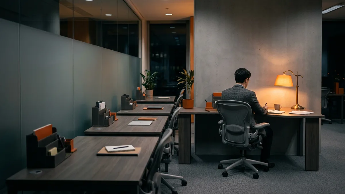 Analyst in a grey blazer working alone under a brass lamp at the end of a row of dark empty desks, a credit fund where one person is the database