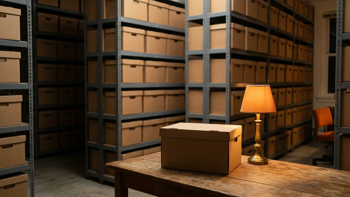 Plain kraft archive boxes on gray steel shelving in a fund records room with one box on a wooden table beside a brass lamp, a source inventory for a first data engineer