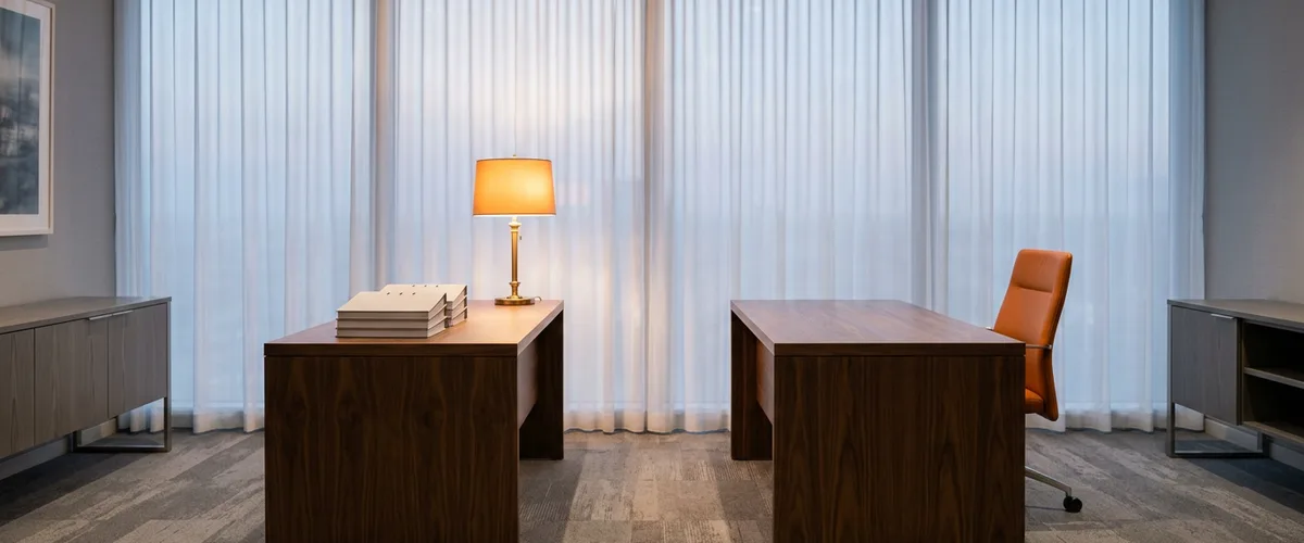 Two matching walnut desks in a quiet fund office, one holding a stack of bound reports under a brass lamp and the other bare beside an empty orange chair, an open first data engineer seat