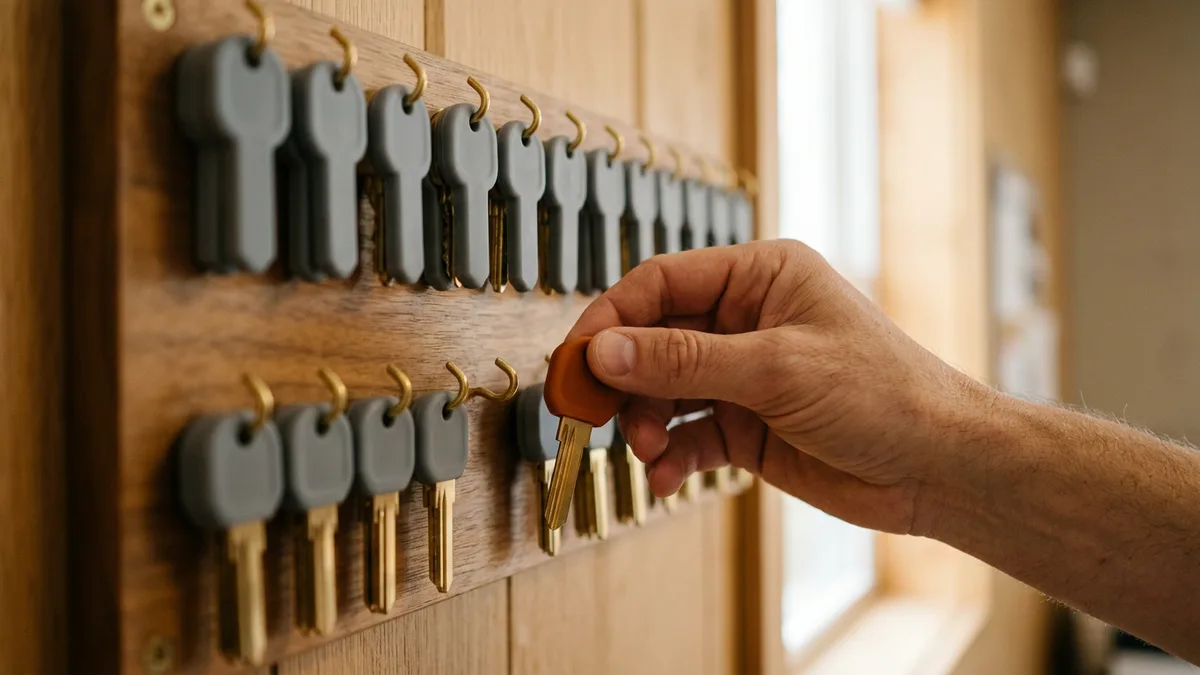 Hand hanging a brass key with an orange silicone cap onto an empty hook on a wooden key board lined with identical gray-capped keys