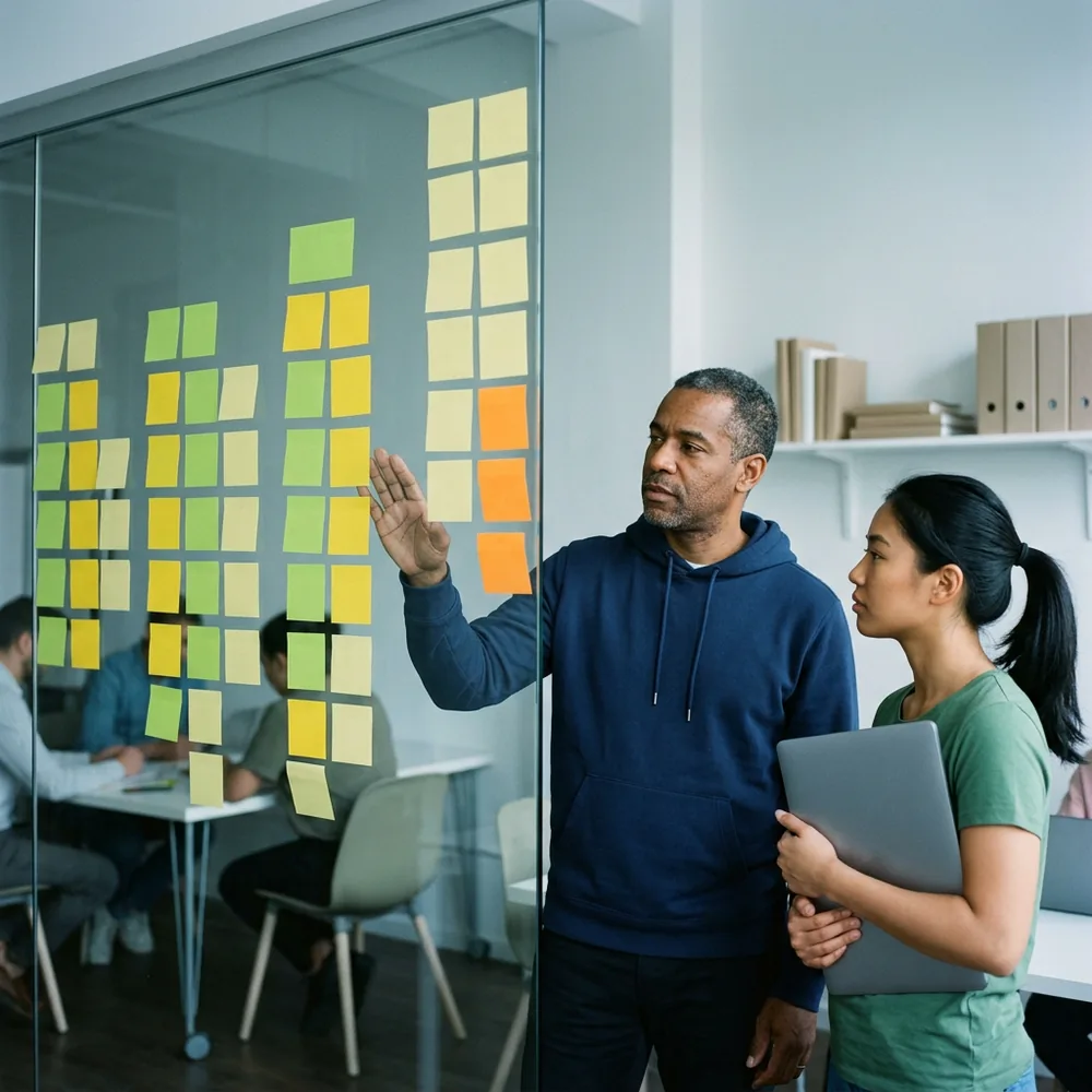 Senior engineer in a navy hoodie rests a hand beside four columns of blank sticky notes on a glass wall that grow taller from left to right while a younger engineer holds a closed laptop behind him