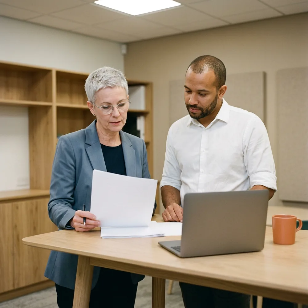 Security lead in a slate-blue blazer holds a pen above the margin of a blank printed page while an engineering manager in a white shirt reads it with her at a standing table