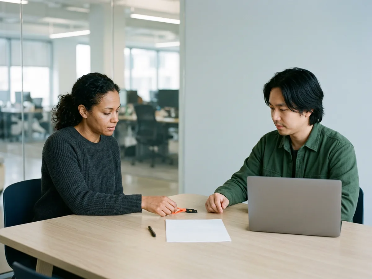 Engineering director in a charcoal sweater slides a hardware security key on an orange loop across a pale wood table to a contract engineer in a green overshirt, a blank printed document and a closed laptop between them