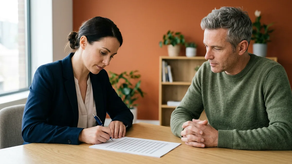 Woman in a navy blazer signing a printed form at a light-oak table while a man in a green sweater with folded hands watches in front of an orange wall