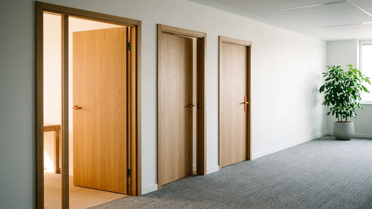 Office corridor with three wooden doors in a row, the first wide open with warm light, the second open a hand's width, and the third closed with an orange handle