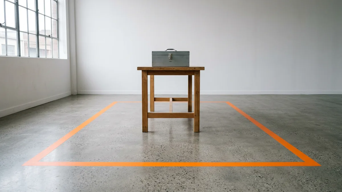 Workshop floor with an orange-taped rectangle around a single wooden workbench holding a steel toolbox, showing a bounded area of work a contract engineer can own