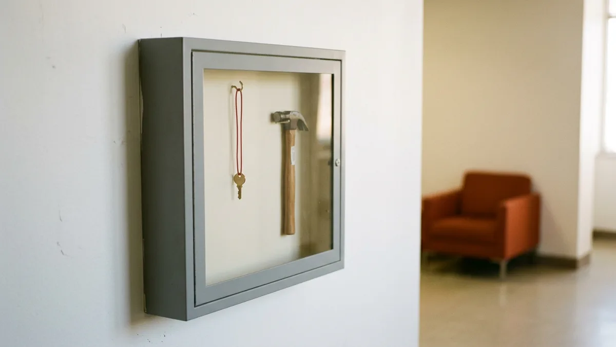 Gray wall-mounted glass-front cabinet holding a brass key on a red cord next to a small hammer, with an orange armchair softly out of focus behind