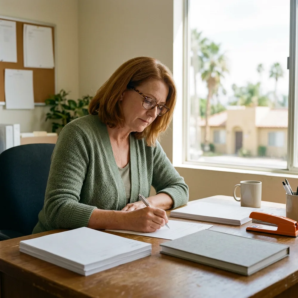 Payroll administrator in a sage green cardigan at a desk by a window with a palm tree outside, a pen over a blank form