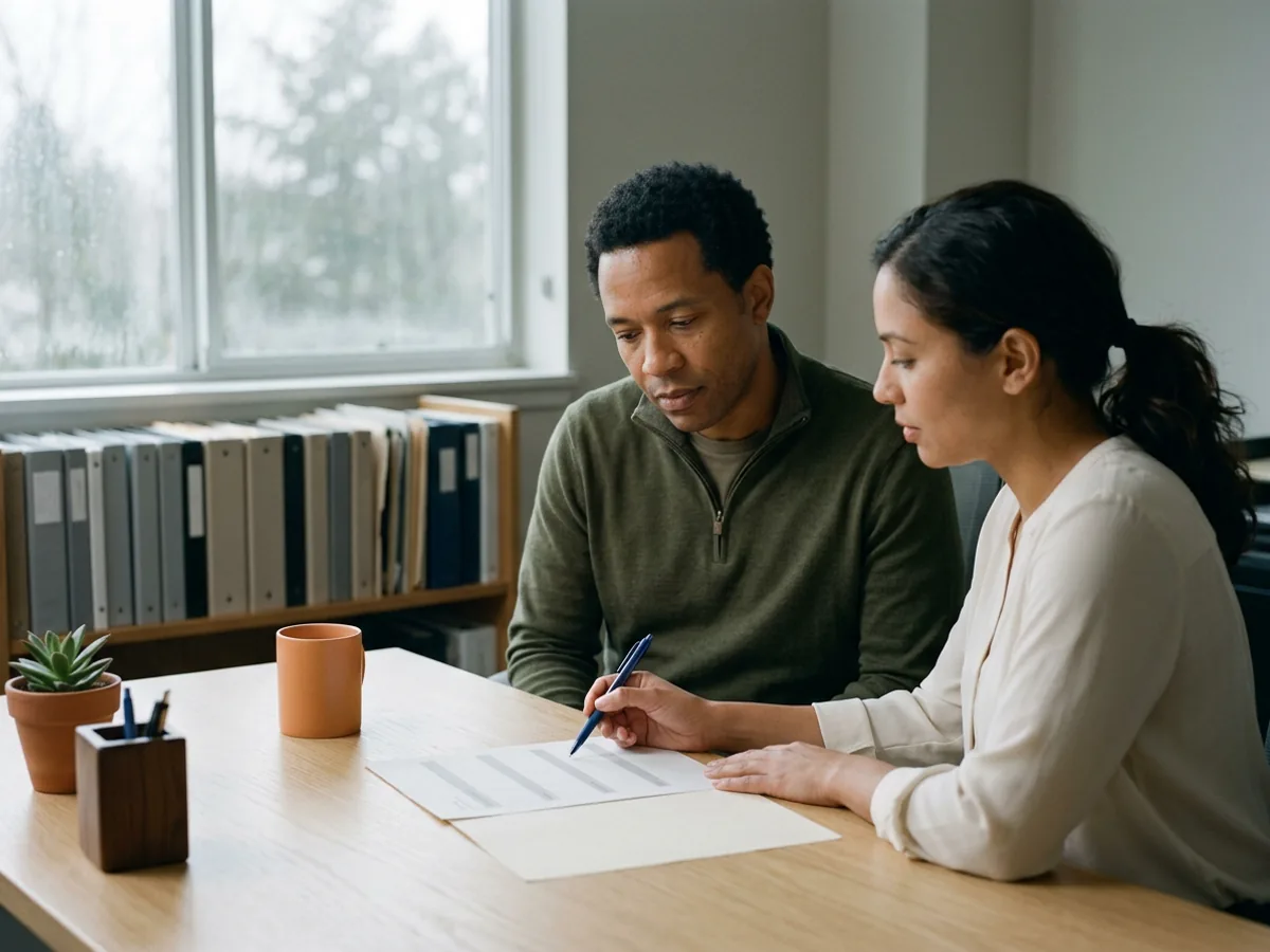 Hiring manager and procurement analyst sitting side by side at an oak desk, the analyst resting a pen on one band of a printed sheet while he watches