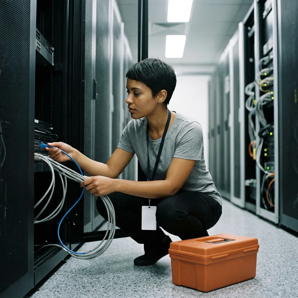 Contract network technician crouched at an open equipment rack in a tidy server room, pressing a blue patch cable into a port