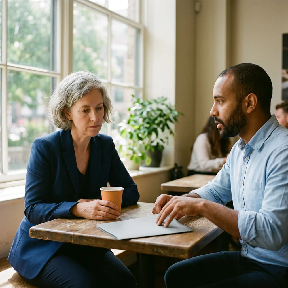 Vice president of engineering and a staffing account manager at a small round table, a closed grey folder slid halfway between them
