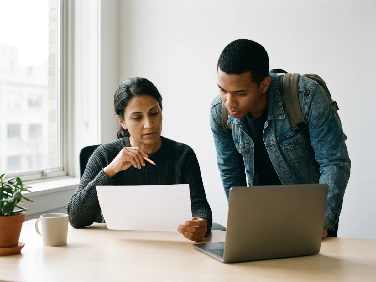 Engineering lead in a charcoal sweater holds a blank sheet of paper flat on a pale wood desk with a pen in her other hand while a contract engineer in a denim jacket with a backpack strap leans in to read it, a laptop with its screen turned away and a mug beside them