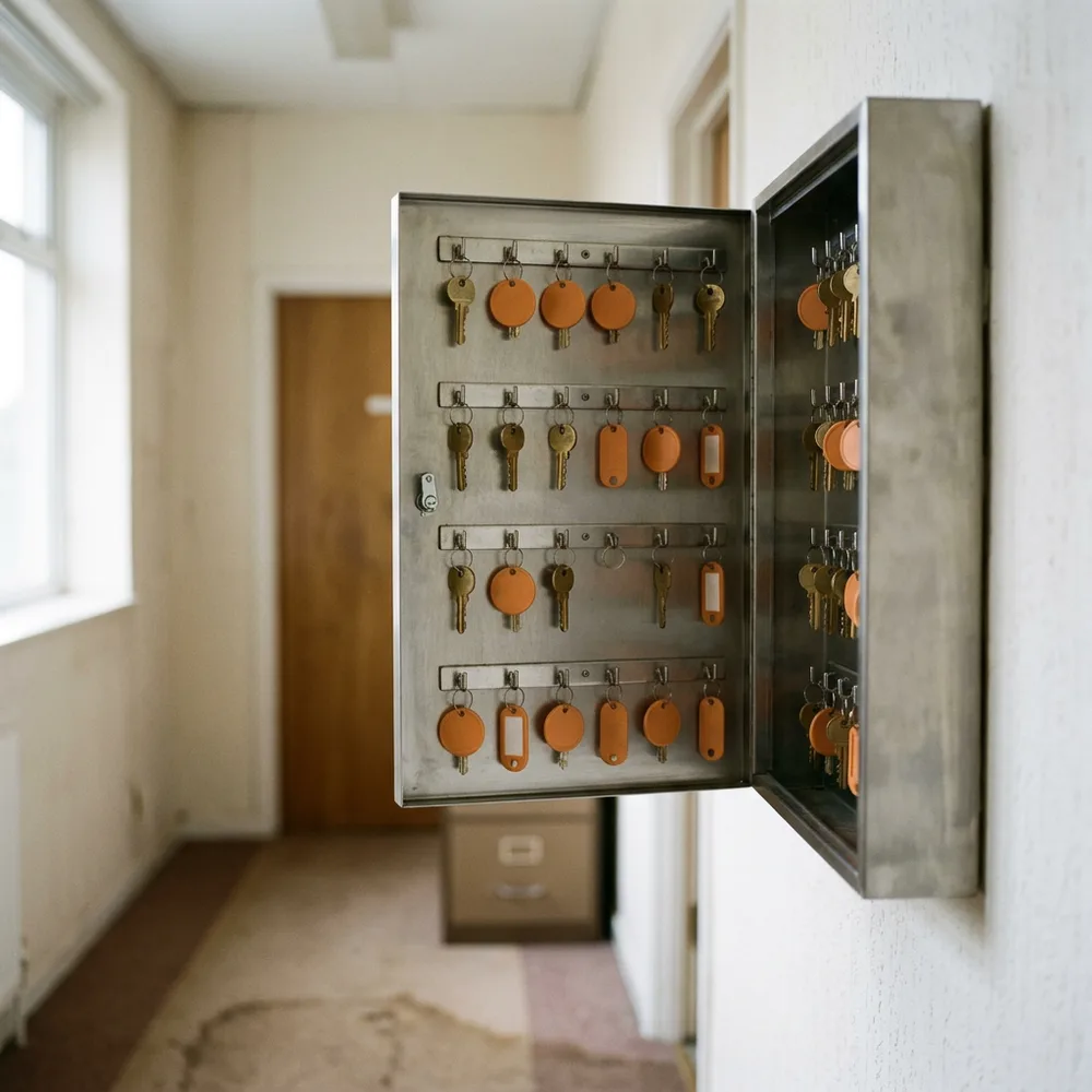 Brushed steel key cabinet standing open on a corridor wall, rows of brass keys hanging from hooks with blank orange tags and one empty hook in the third row