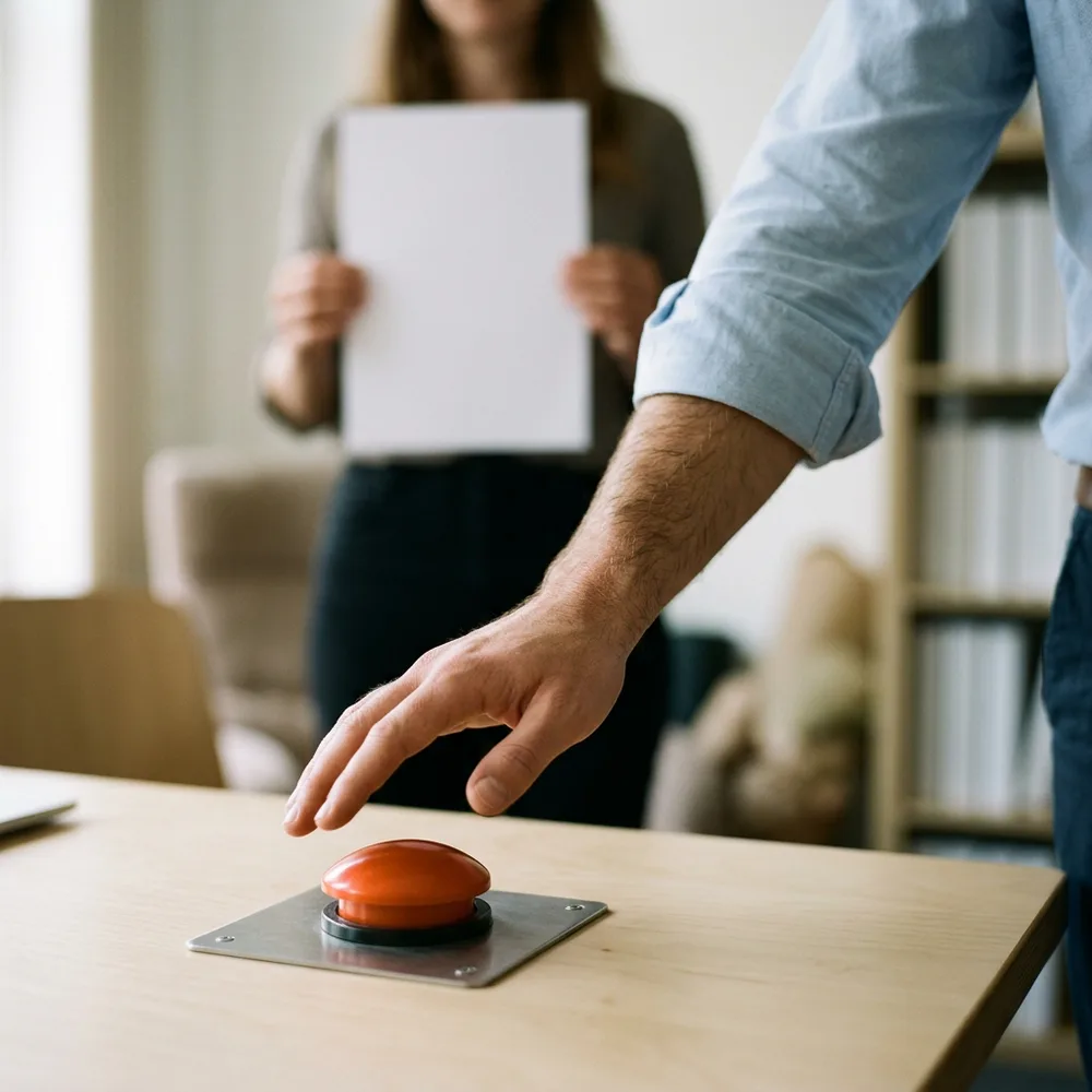 A hand in a rolled pale blue sleeve hovers above a large orange push button on a steel plate on a wooden desk while a person in the soft-focus background holds a blank sheet of paper