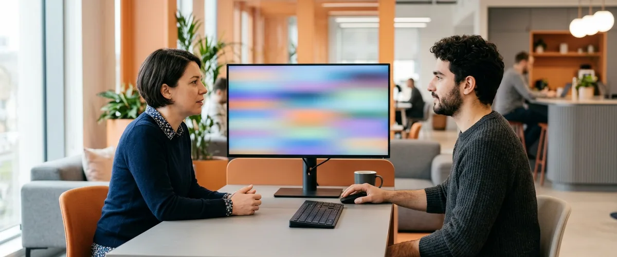 Engineering lead and contract software engineer sitting across a desk with a large monitor between them, talking through a code review