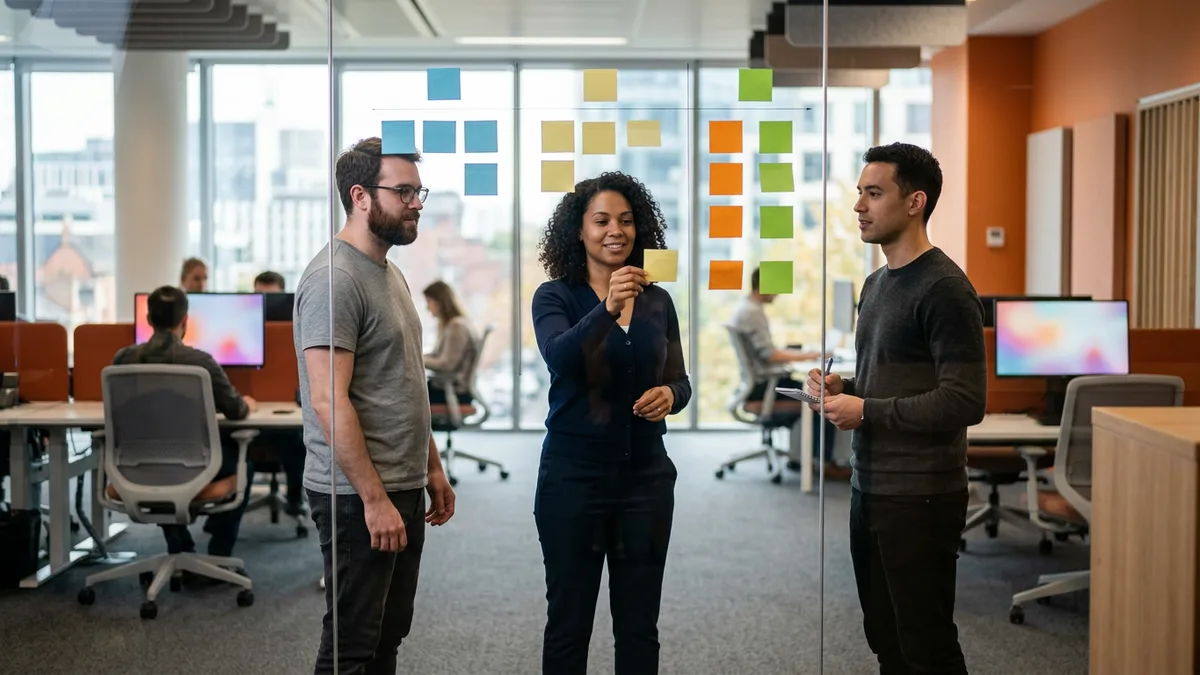 Three software engineers in front of a glass wall of blank colored sticky notes arranged in columns like a code review queue board
