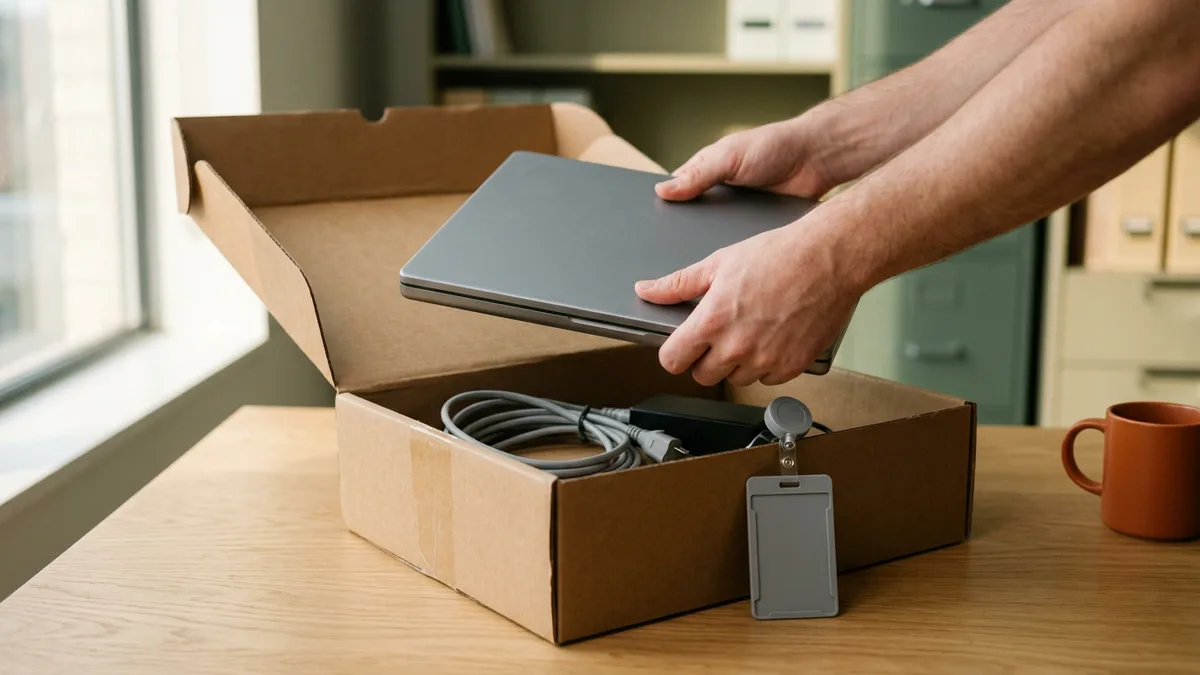 Two hands lifting a closed gray laptop out of an open cardboard shipping box that also holds a coiled charger and a plain gray badge holder on an oak desk