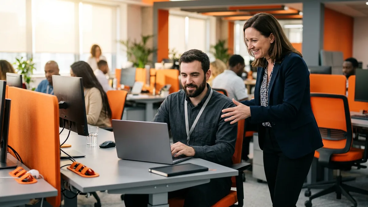 Hiring manager welcoming a new contract business analyst at a desk on the first day of the assignment in an open-plan office