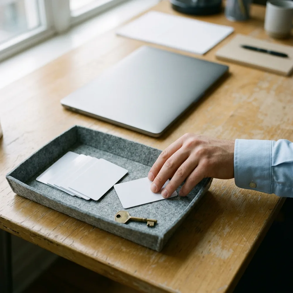 A hand places a blank white access card into a grey felt tray holding five other blank cards and a brass key, with a closed laptop behind the tray