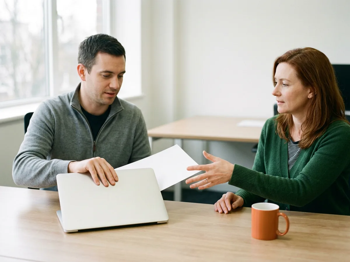 Engineering lead in a green cardigan reaching across a pale wood desk for a blank sheet of paper while a contract engineer in a grey zip sweater rests a hand on a closed laptop, a small orange mug beside them