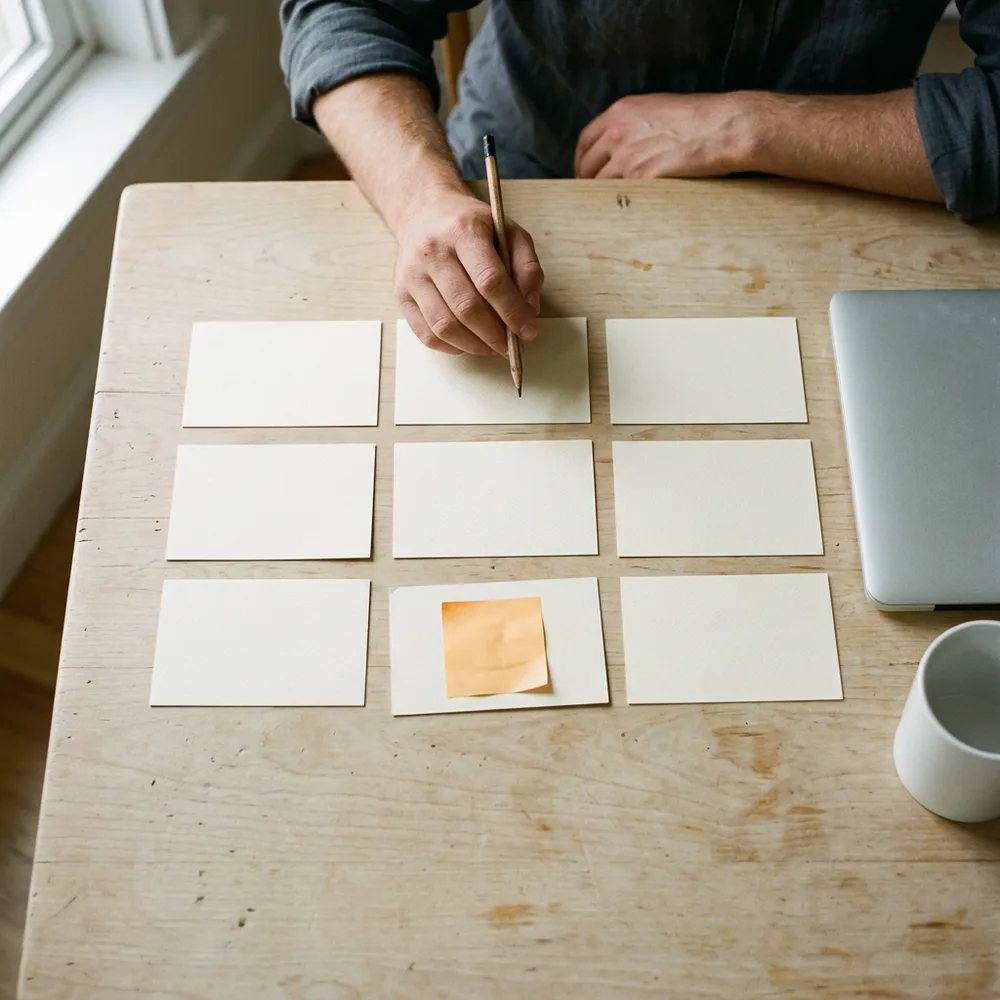 Overhead view of nine blank cream index cards in three rows on a pale wood desk, one card with a small orange sticky note on it, and a hand holding a pencil above them