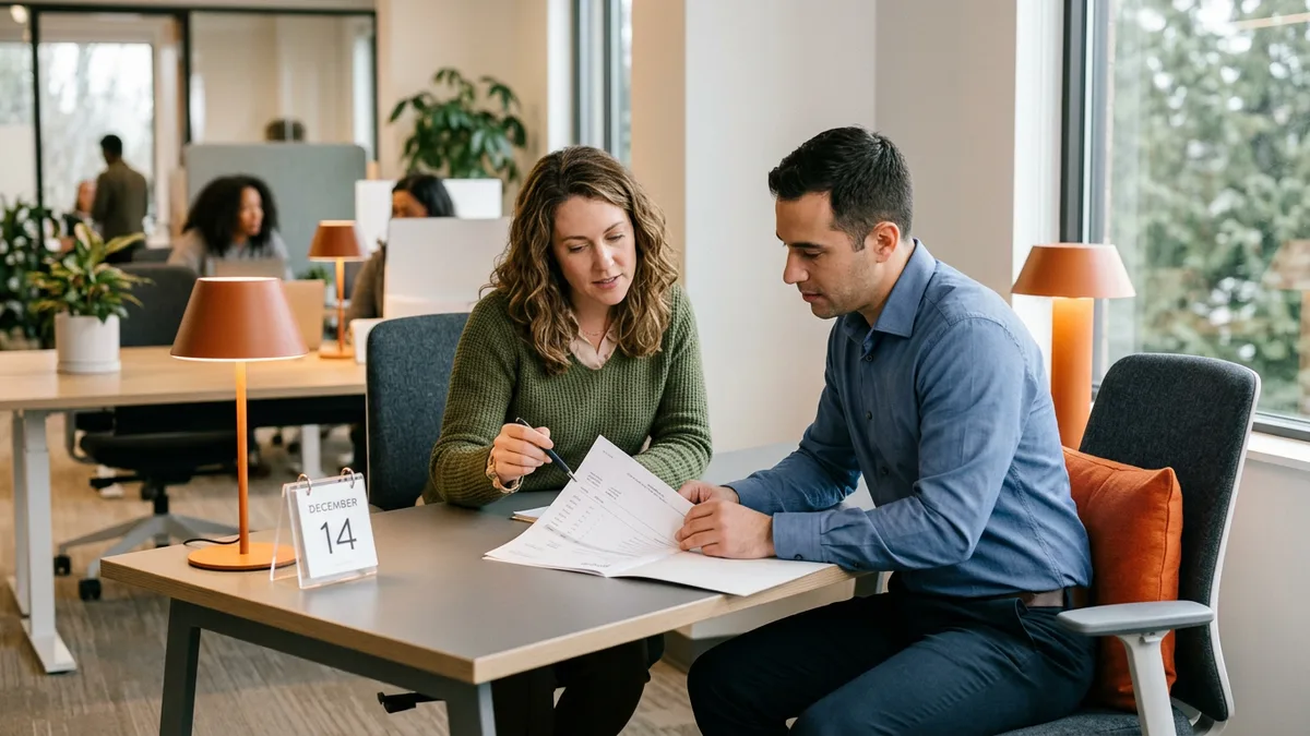 Hiring manager and accounts payable analyst reviewing a staffing invoice for contractor holiday hours and sick leave coverage