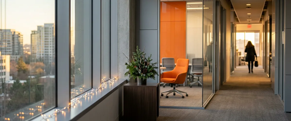 Modern office hallway decorated for the December holidays