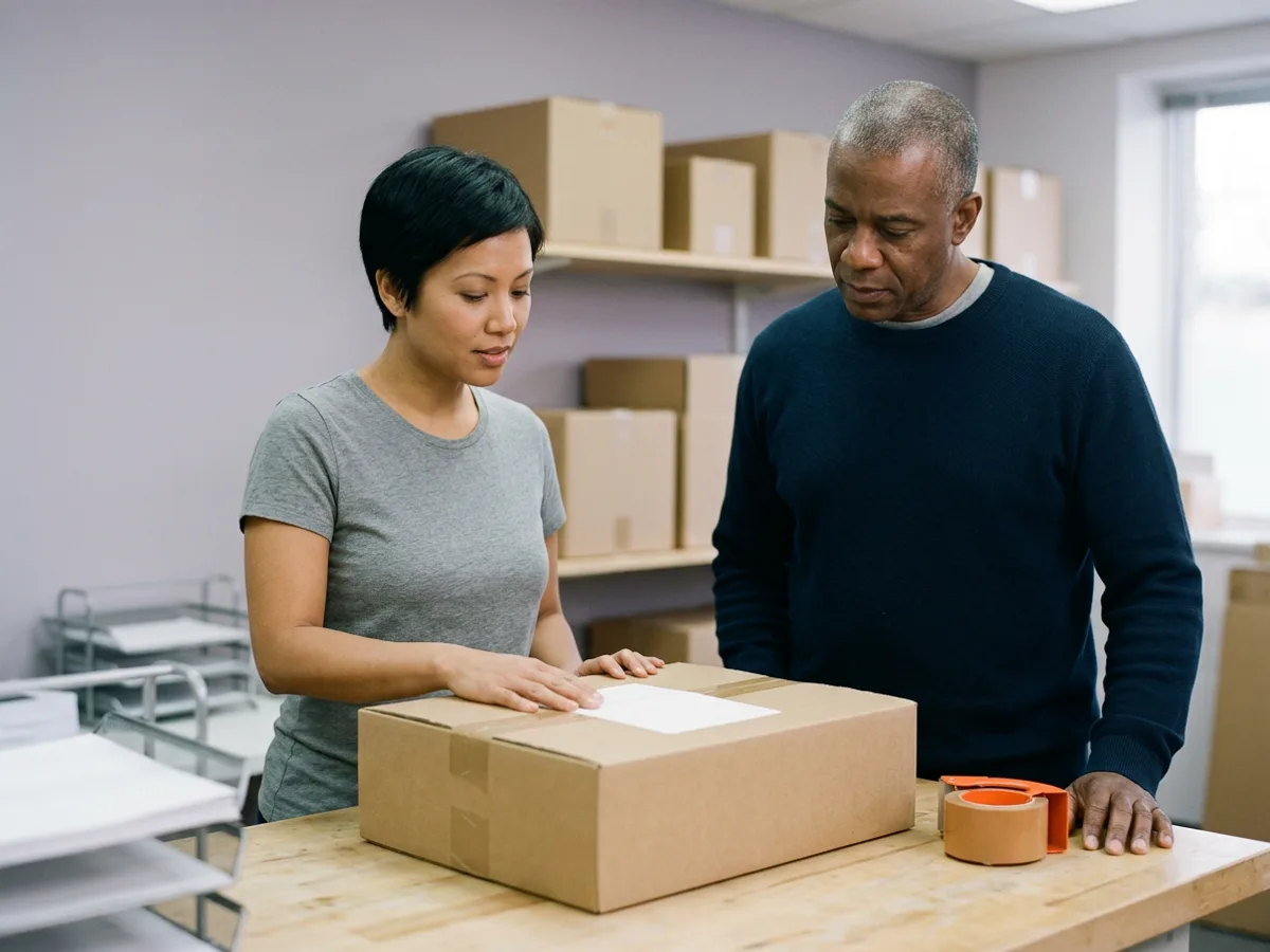 IT administrator and security lead check a sealed laptop box with a blank address label at a bench before it ships to a new remote contractor