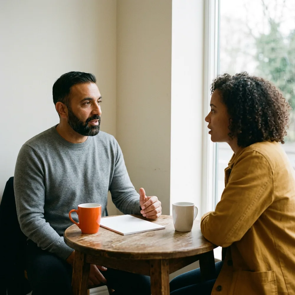 Recruiter and a contract engineer talk in person across a small cafe table, with a blank notepad, an orange mug and a white mug between them