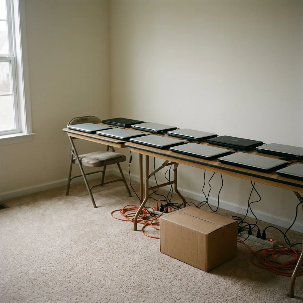 Rows of closed company laptops with power cables running across a folding table in a spare bedroom, the setup the FBI calls a laptop farm