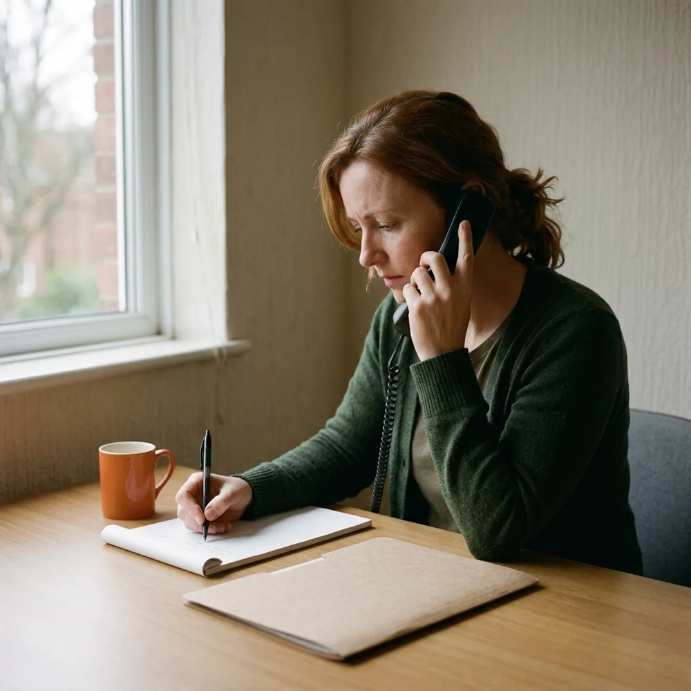 Recruiter on a desk phone takes notes on a blank notepad during a long candidate call beside a window, an orange mug at her elbow
